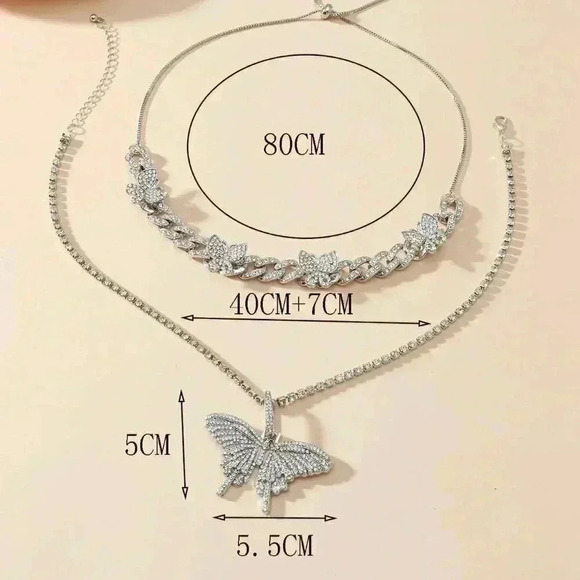 Silver 2 Piece Boho Womens Rhinestone Butterfly Charm Necklace - Picture 4 of 4